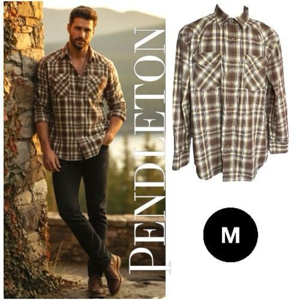 Pendleton Long Sleeve Shirt Men's Medium Brown Blue Plaid Button-Up Frontier